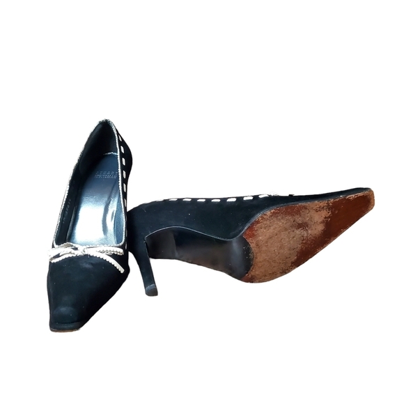Stuart Weitzman Black And White Suede Carrer Pumps With Bow Detail 7.5 M - Picture 4 of 5